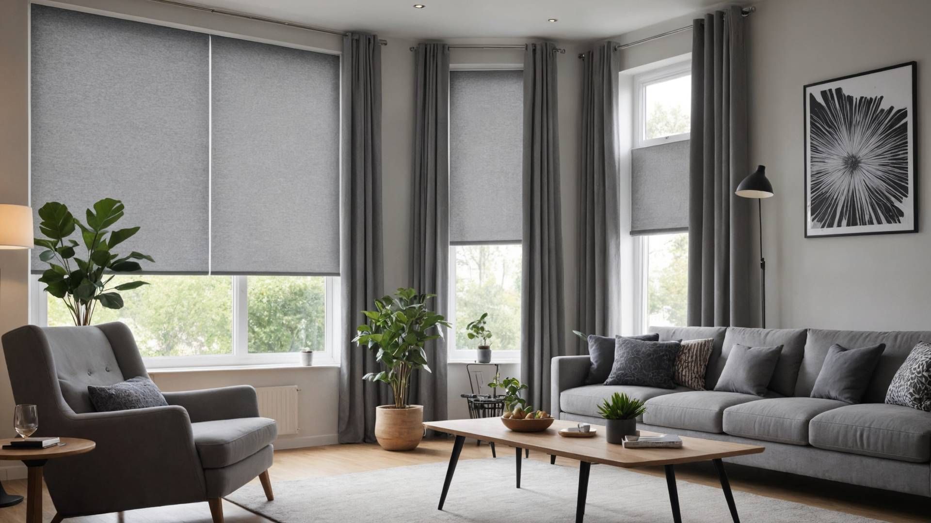 Roller shades in a modern-style living room at My Blind Spot near Virginia Beach, VA