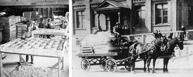 A black and white photo of a horse drawn carriage in front of a building.