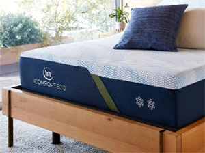 A comfort eco mattress is sitting on a wooden bed frame