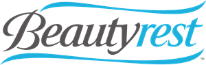 The beautyrest logo is blue and black and looks like a wave.