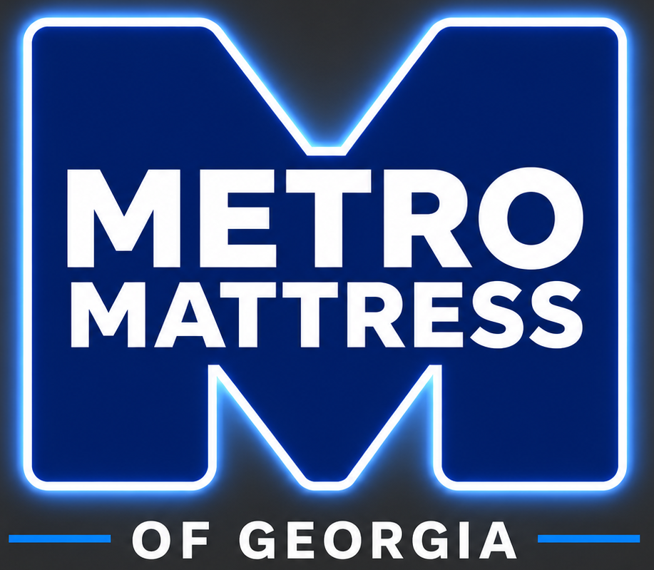 A blue metro mattress logo on a white background