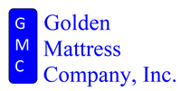 The logo for golden mattress company , inc. is blue and white.