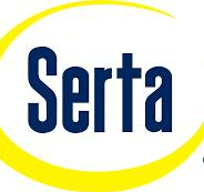 The serta logo is blue and yellow and has a yellow circle around it.