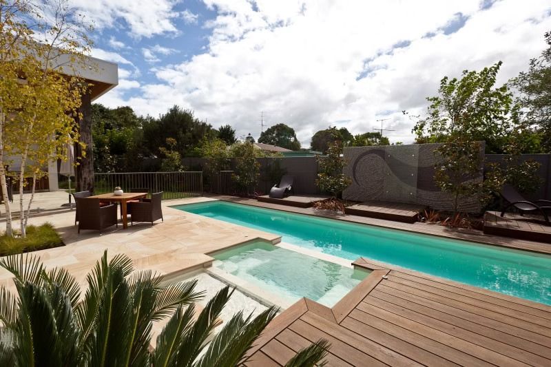 Modern Backyard with A Long Pool and Hot Tub — Swan Hill Pool & Spa Centre in Swan Hill, VIC