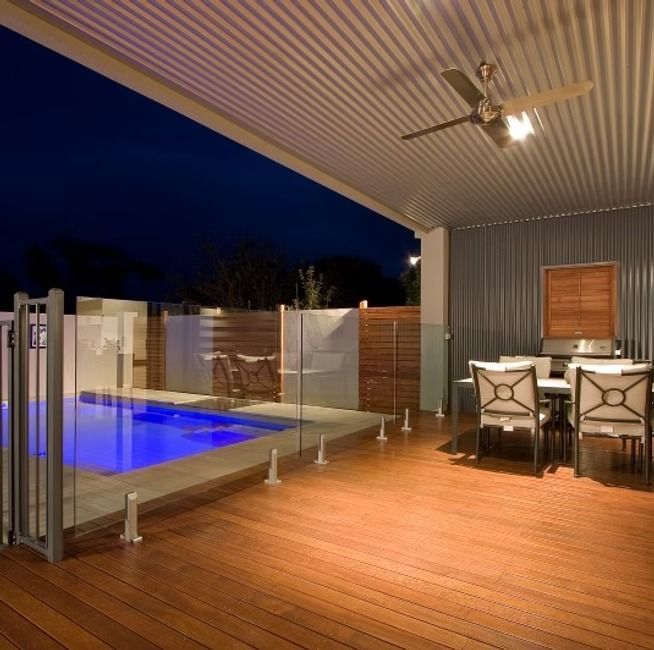 Patio with Pool at Dusk — Swan Hill Pool & Spa Centre in Swan Hill, VIC