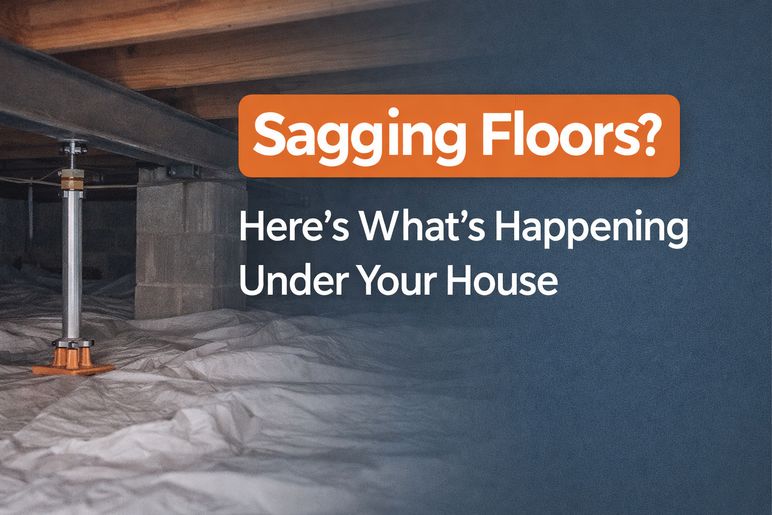 A support jack stands under a wooden floor frame in a crawlspace, with the text 