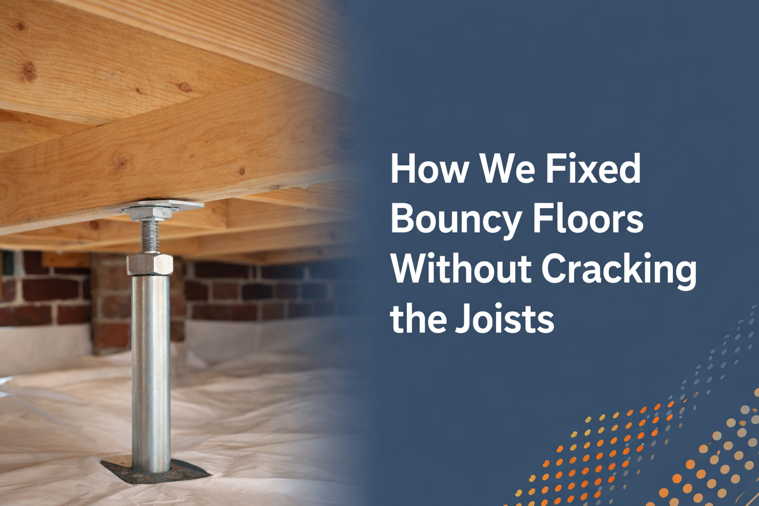 A crawl space with a metal support jack installed under wooden floor joists next to text about fixing bouncy floors.