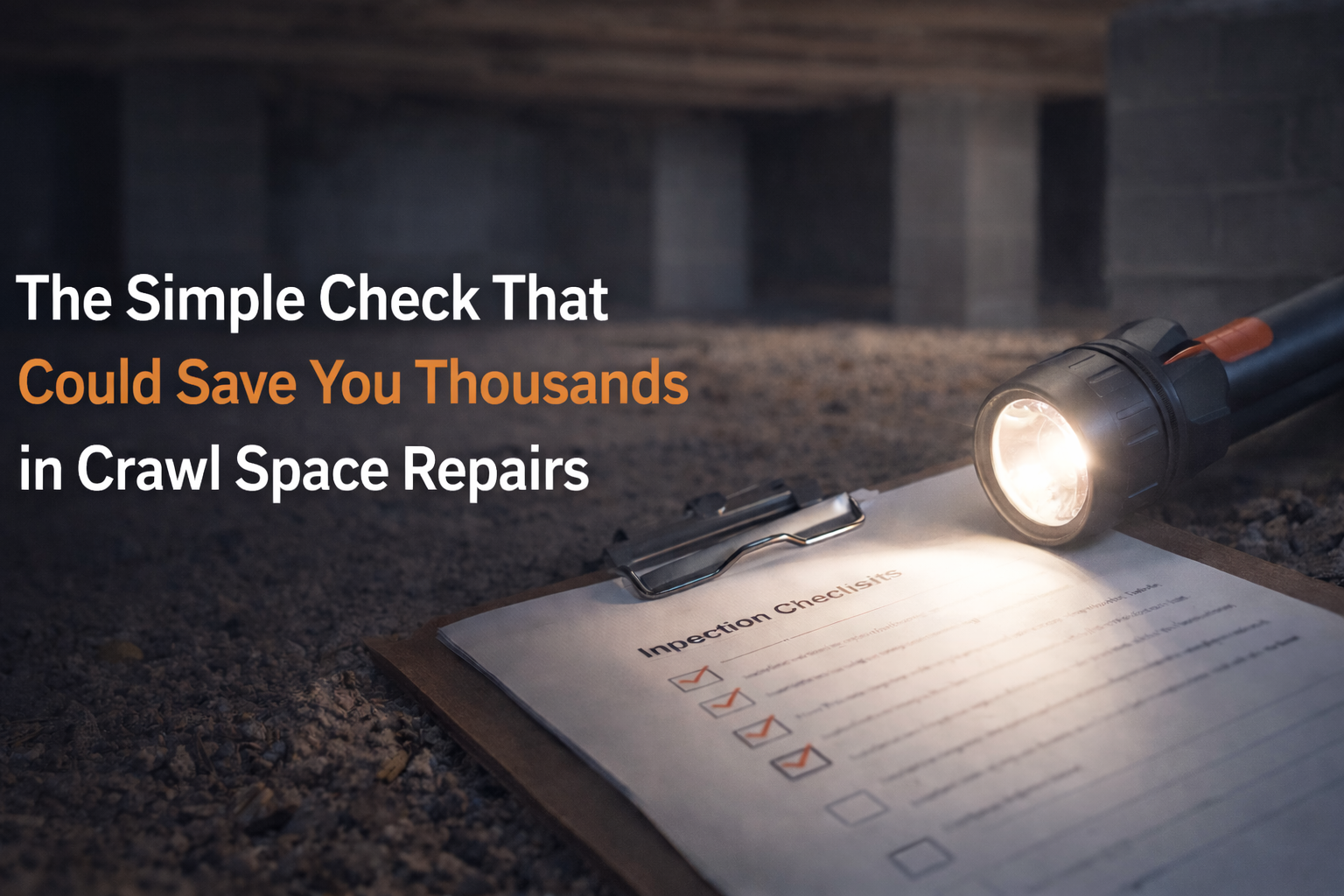 A flashlight illuminates an inspection checklist on a clipboard in a dark, dirt-floored crawl space.