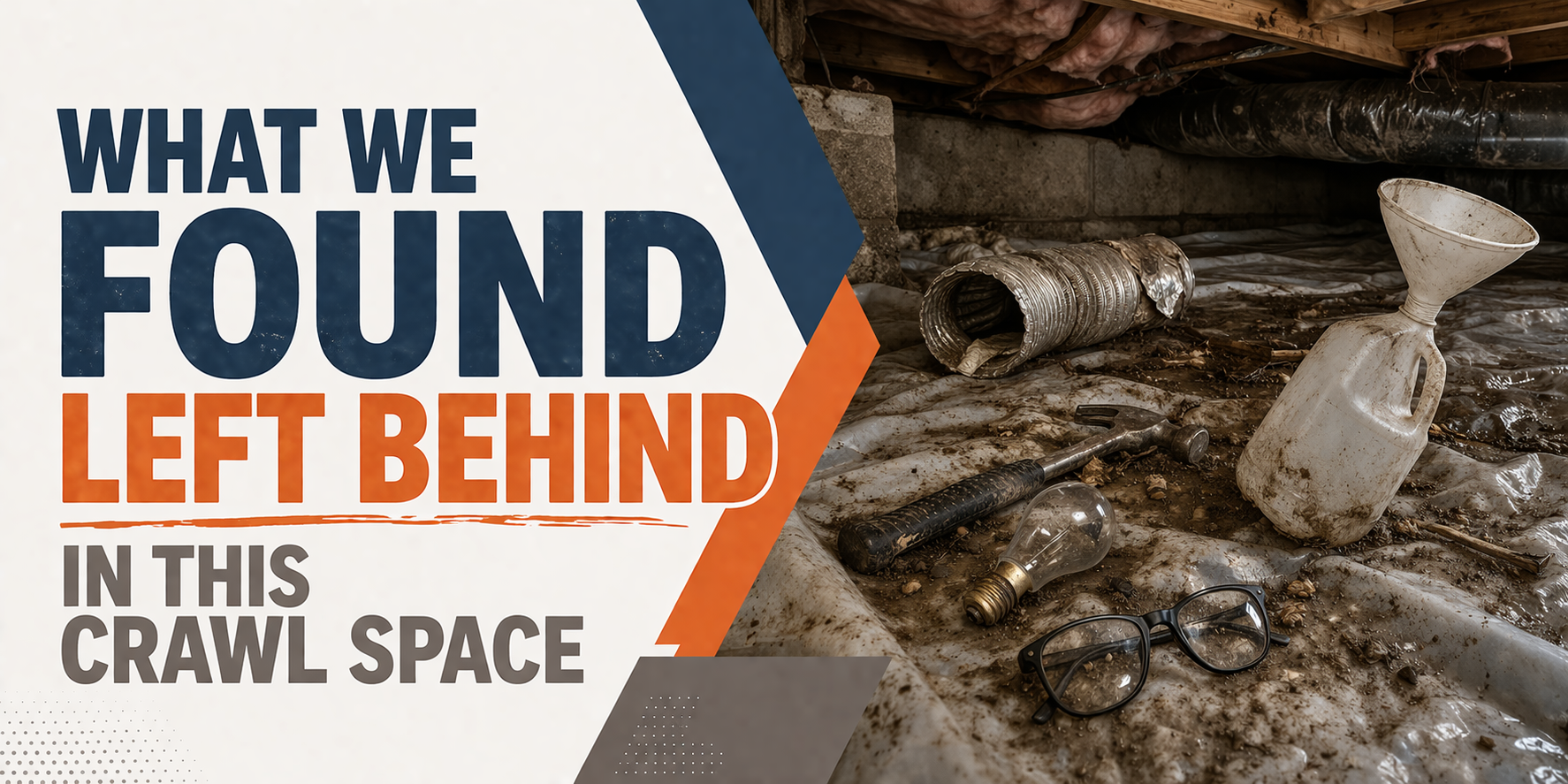 A dirty crawl space containing discarded items like a jug, glasses, and tools, with the text