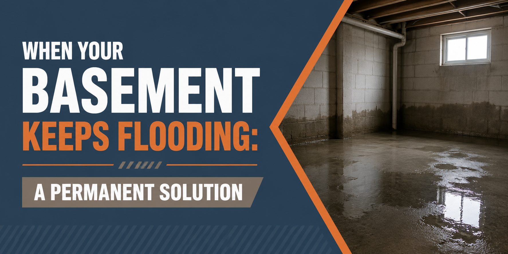 Basement flooding ad with wet concrete basement and text: “When your basement keeps flooding: A permanent solution”