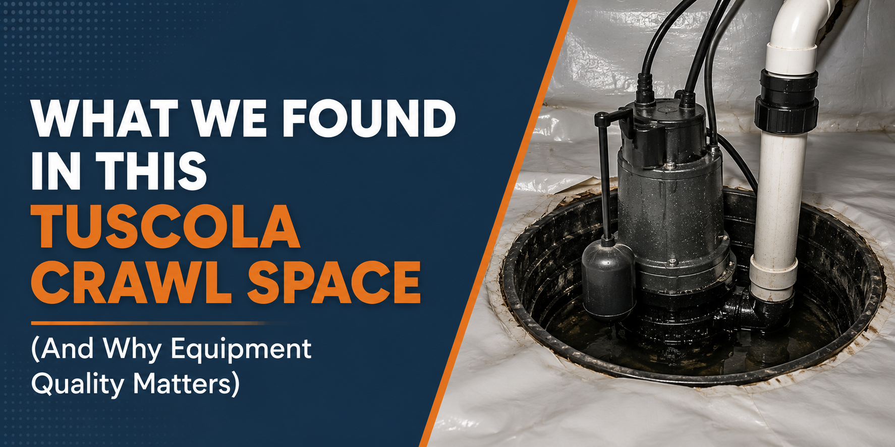 Dark blue title card with a close-up of dusty crawlspace equipment and text: “What we found in this Tuscola crawl space”