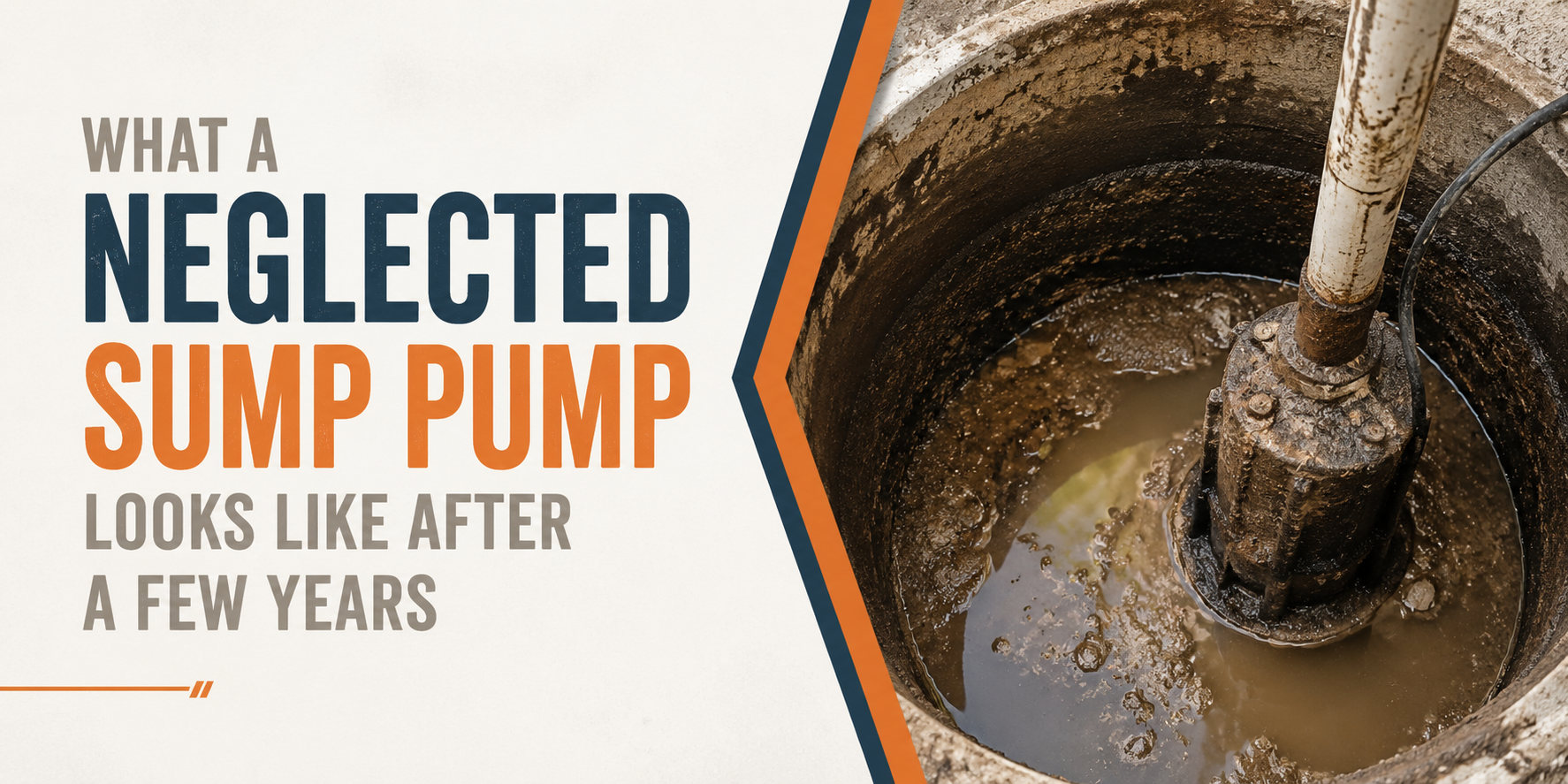 Text graphic of a neglected sump pump in muddy water with large headline text.