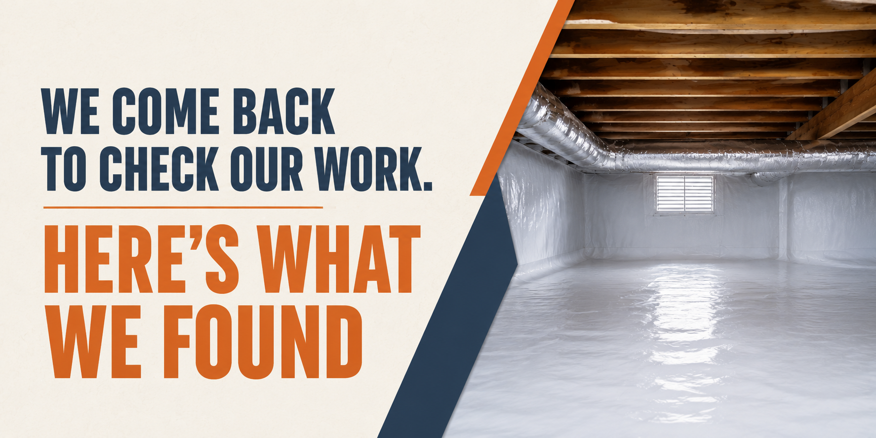 Flooded crawlspace with water under exposed wooden joists; text reads, 