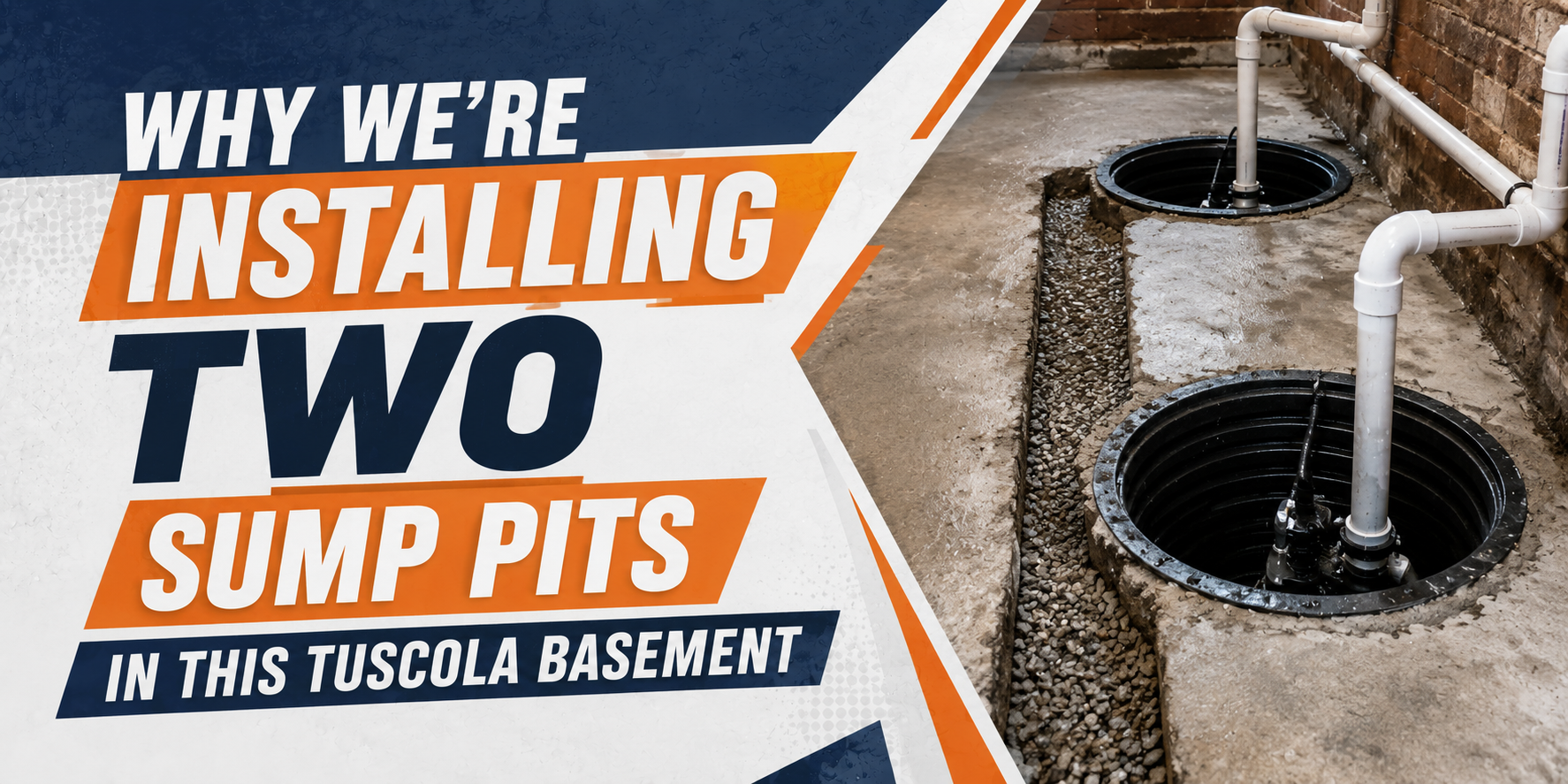 Graphic about installing two sump pits in a Tuscola basement, with a pump draining water from an open pit.