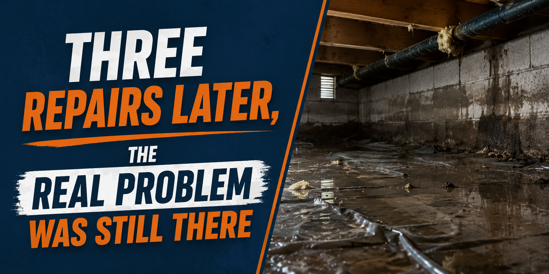 Text reading “THREE REPAIRS LATER, THE REAL PROBLEM WAS STILL THERE” beside a flooded tunnel floor