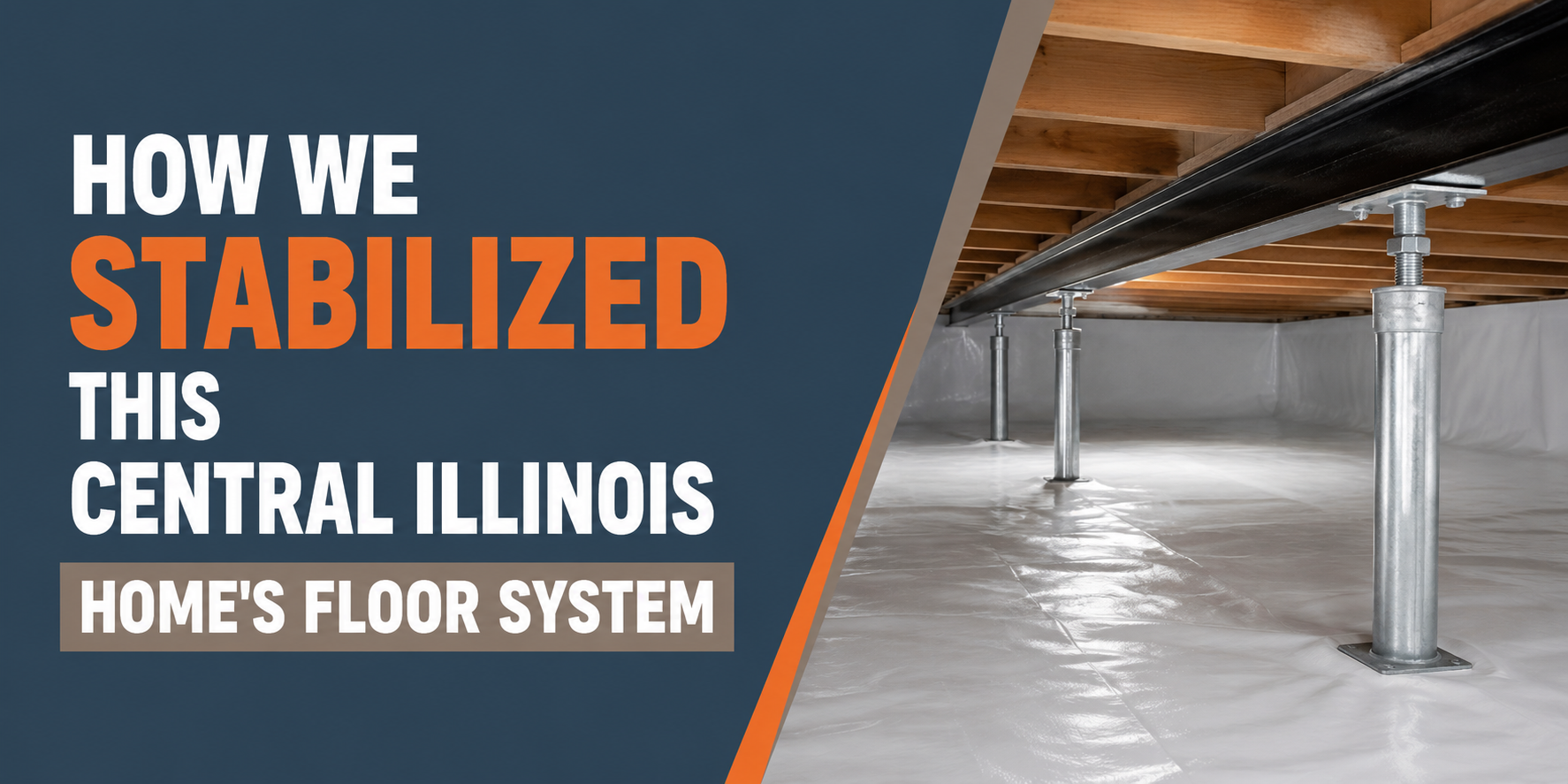 Text: “How we stabilized this Central Illinois home’s floor system” beside crawlspace support posts