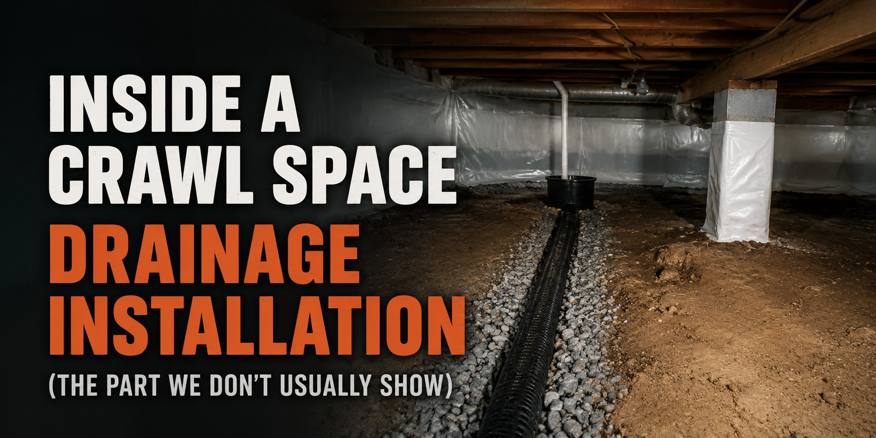 Inside a crawl space drainage installation with gravel floor and support posts