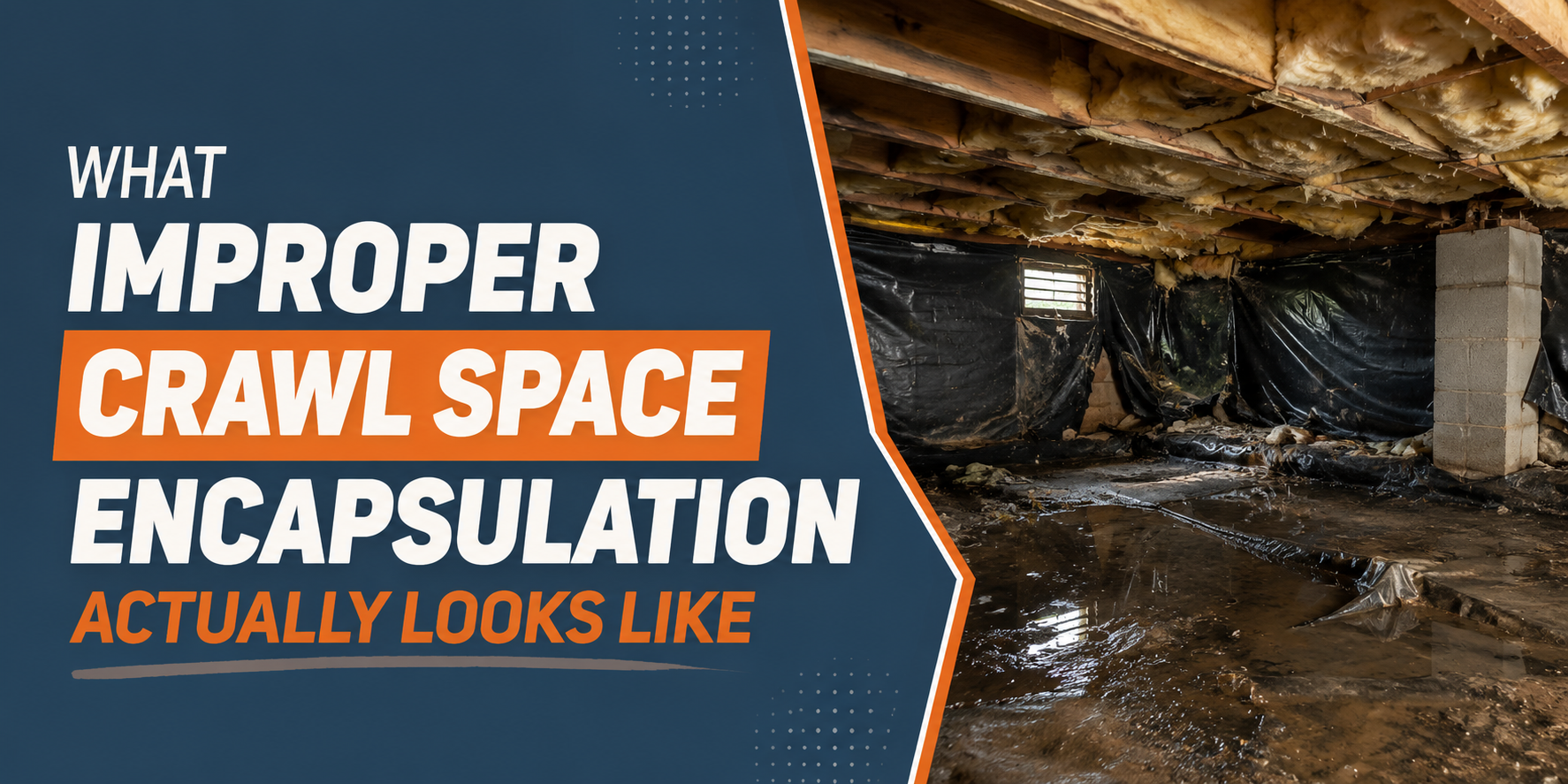 Text graphic showing a wet crawl space with mold and debris, titled “Improper crawl space encapsulation actually looks like.”