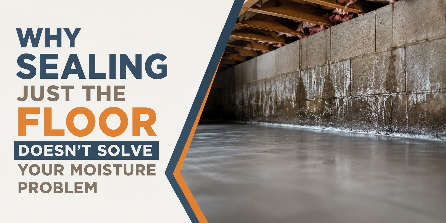 Text ad: “Why sealing just the floor doesn’t solve your moisture problem,” with wet concrete wall and floor.