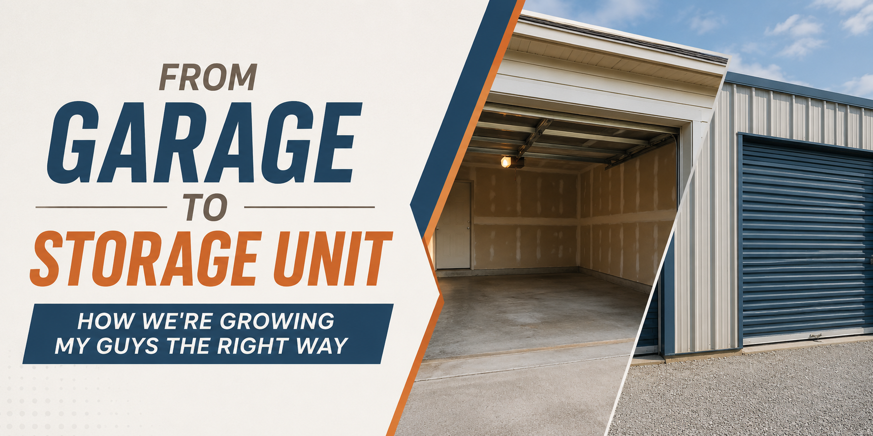 Garage to storage unit with open metal unit, blue door, and text about growing a gym the right way