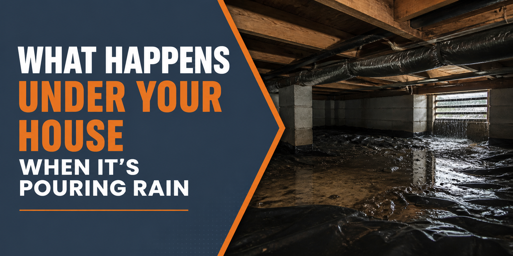 Flooded crawlspace under a house during heavy rain, with bold white and orange text overlay.
