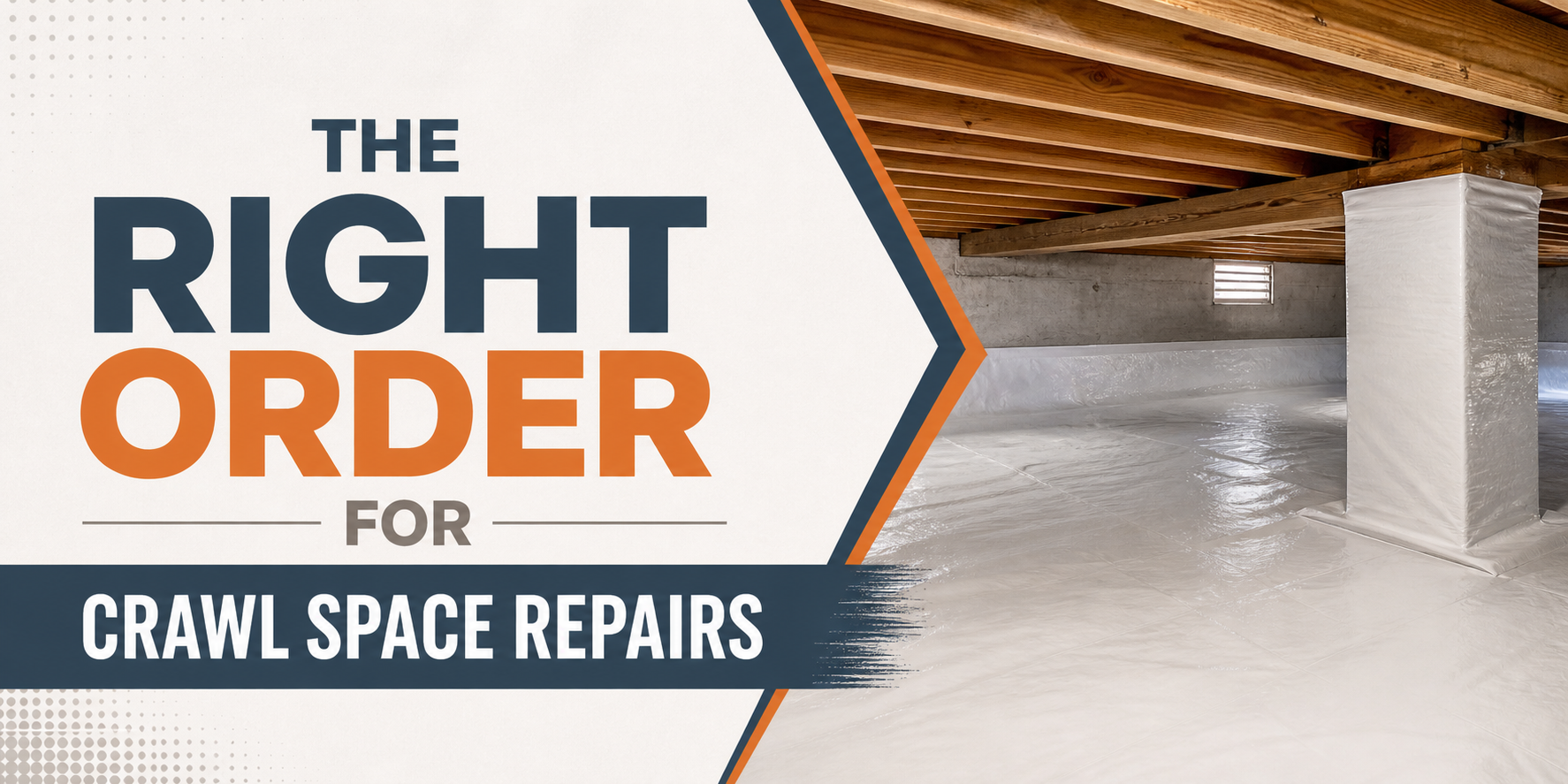 The right order for crawl space repairs, with text beside a crawl space interior.