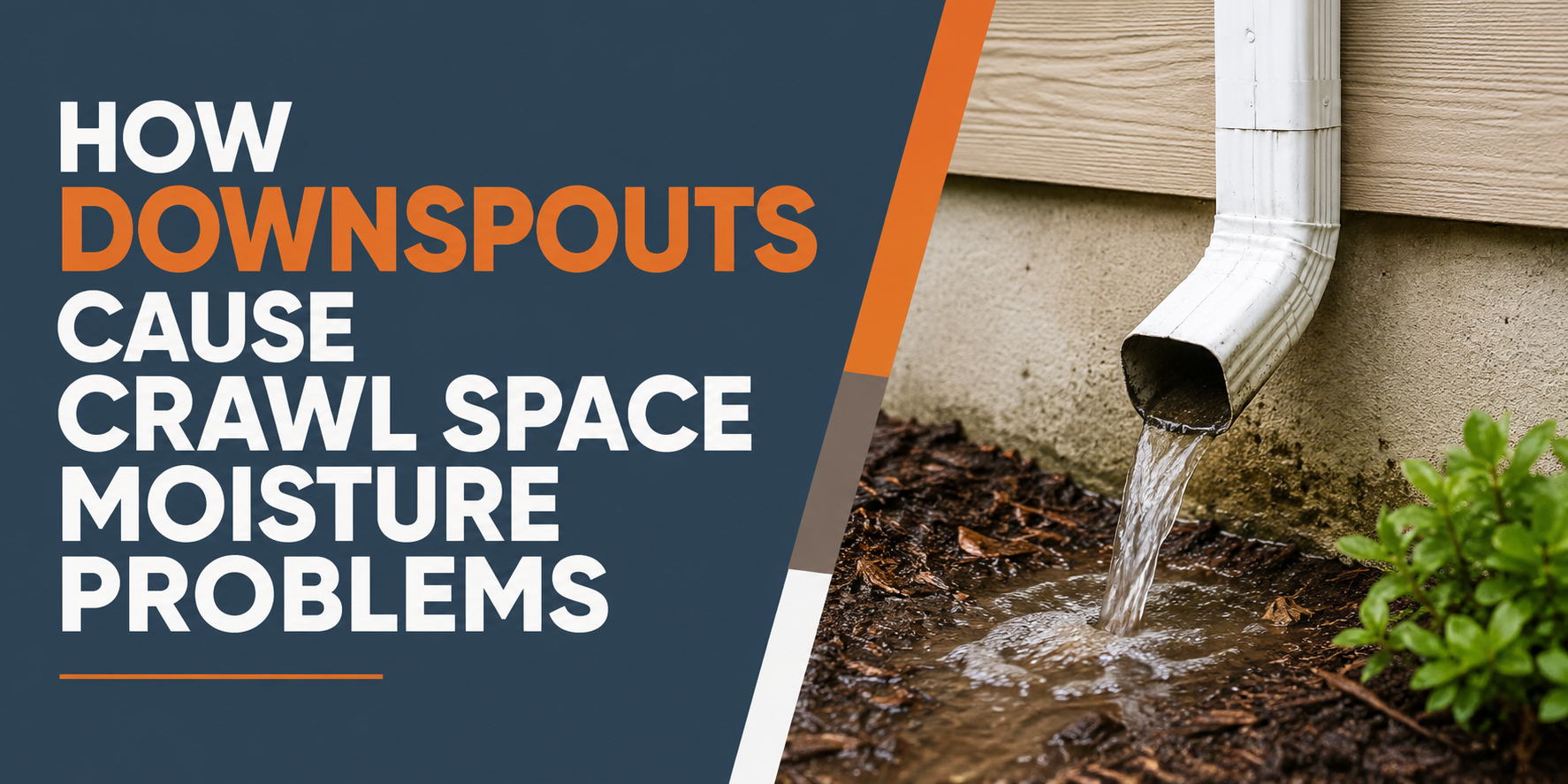 Downspout dumping water beside house foundation, with text about crawl space moisture problems