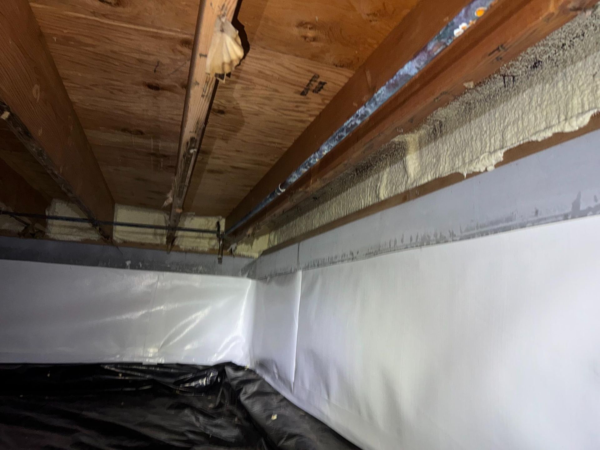 A crawl space with spray foam insulation on the rim joists, white vapor barrier walls, and a black ground liner.
