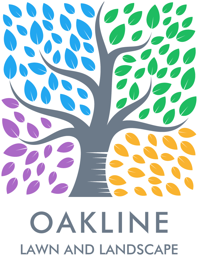 Logo: Tree with colorful leaves (blue, green, yellow, purple) against white background. Text: Oakline Lawn and Landscape.