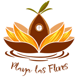 The logo for playa las flores has a house in the middle of a lotus flower.