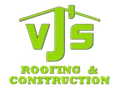 Logo for VJ's Roofing & Construction, green text, house outline, roof repair and construction services.