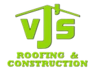 Logo for VJ's Roofing & Construction, green text, house outline, roof repair and construction services.