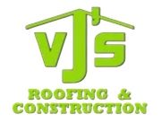 Logo for VJ's Roofing & Construction, green text, house outline, roof repair and construction services.