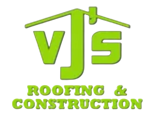 Logo for VJ's Roofing & Construction, green text, house outline, roof repair and construction services.