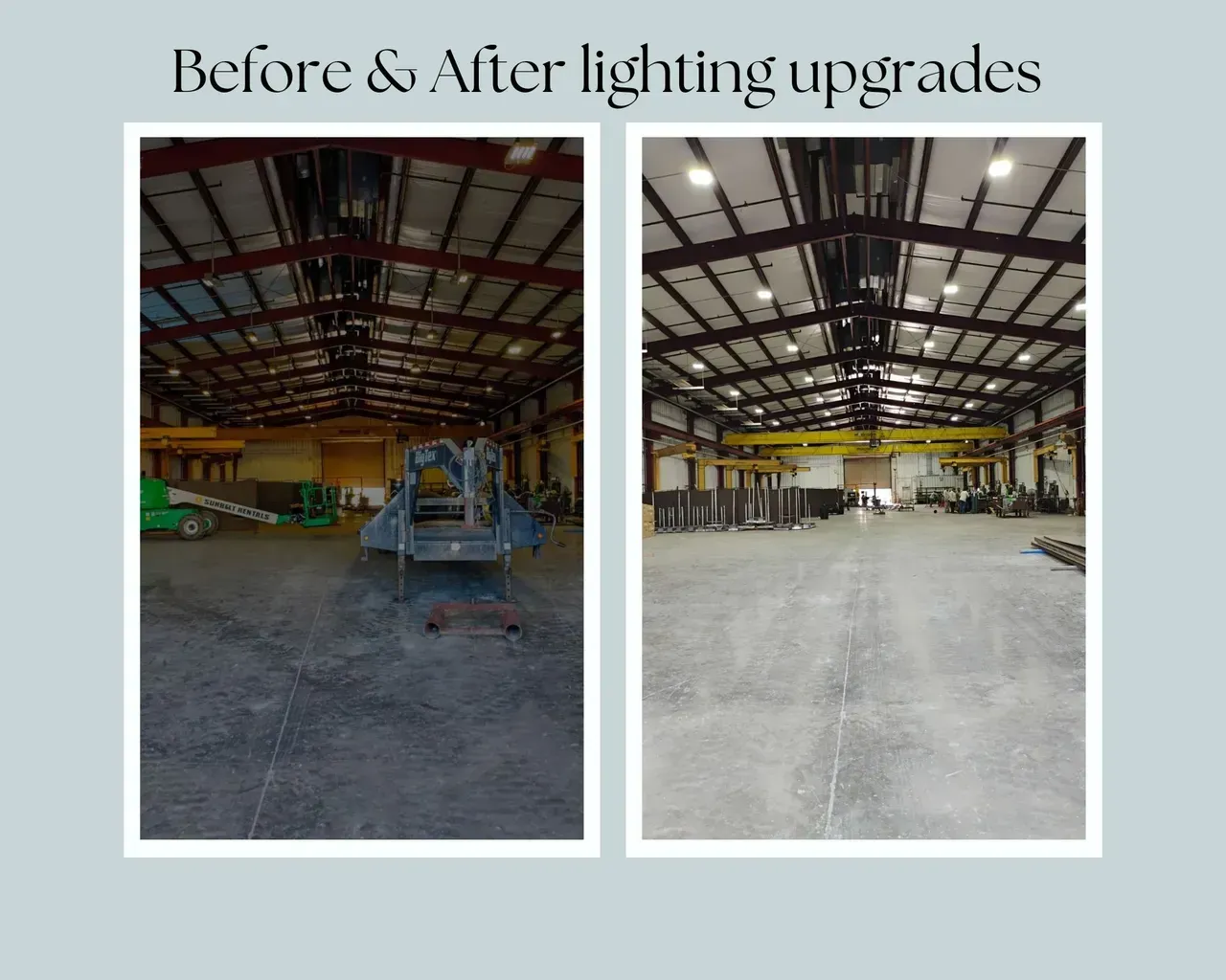 Two pictures of a warehouse before and after lighting upgrades