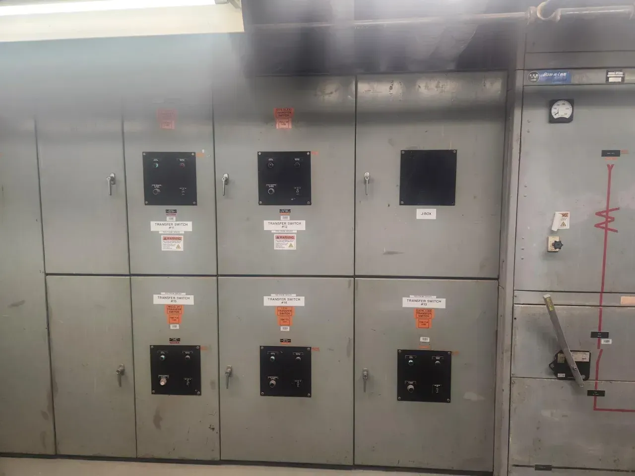 A room with a lot of electrical boxes on the wall.