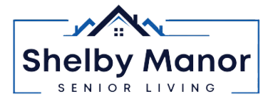 The logo for shelby manor senior living shows a house with a roof.