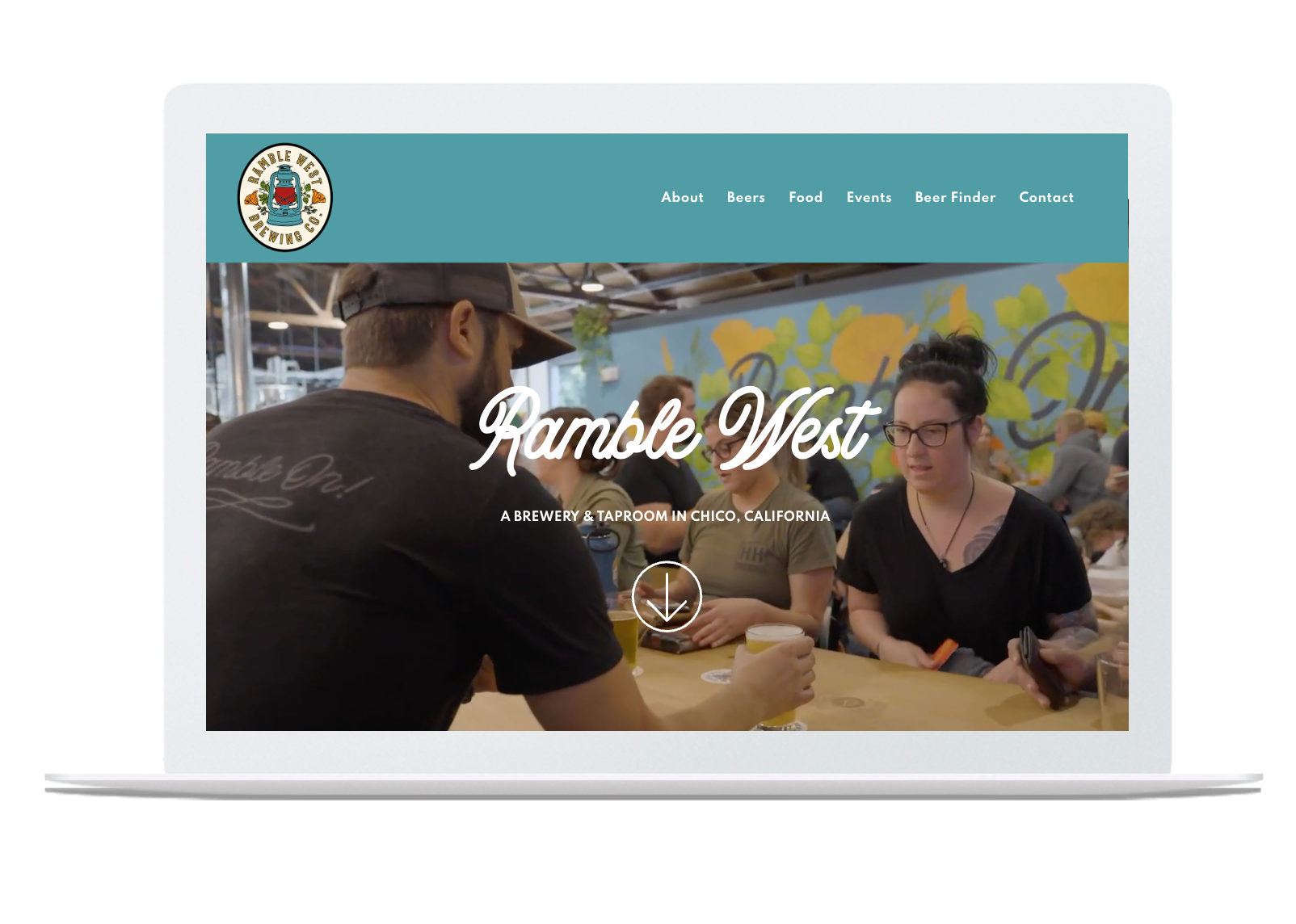 A laptop screen shows a group of people sitting at a table.