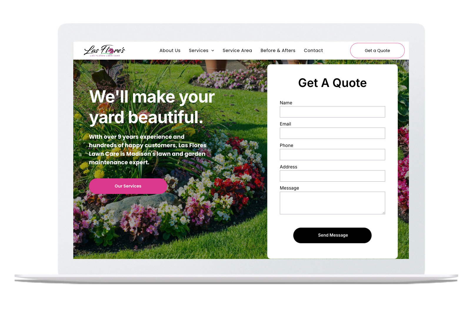 A laptop is open to a website that says `` we 'll make your yard beautiful ''.