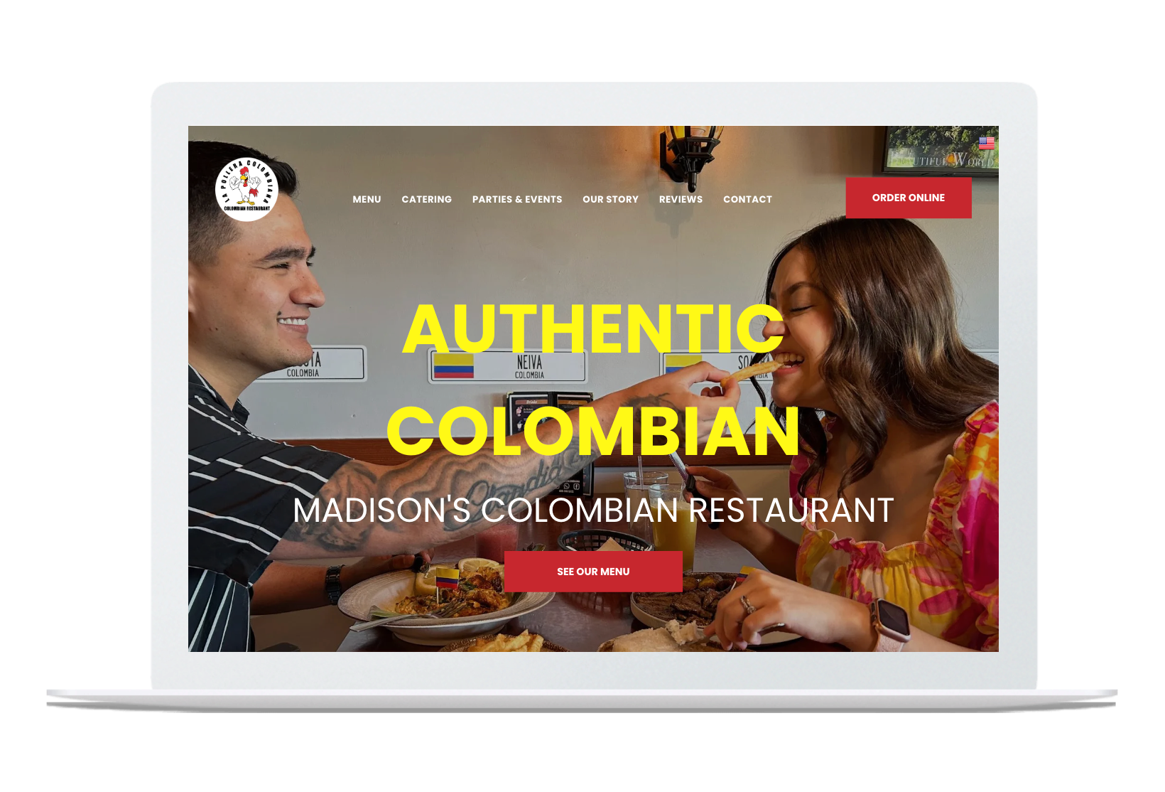 The website for madison 's colombian restaurant shows a man and woman sitting at a table eating food.