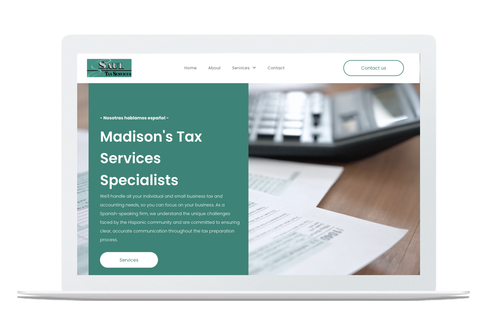 A laptop is open to a website for madison 's tax services specialists.