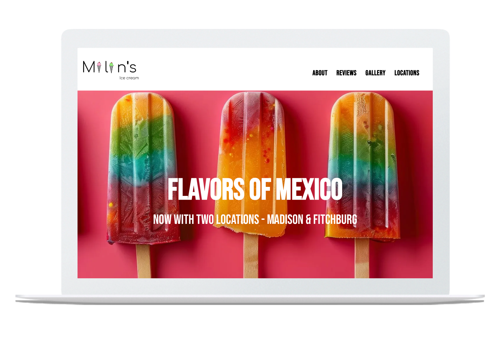 A laptop screen shows three colorful popsicles on a red background.