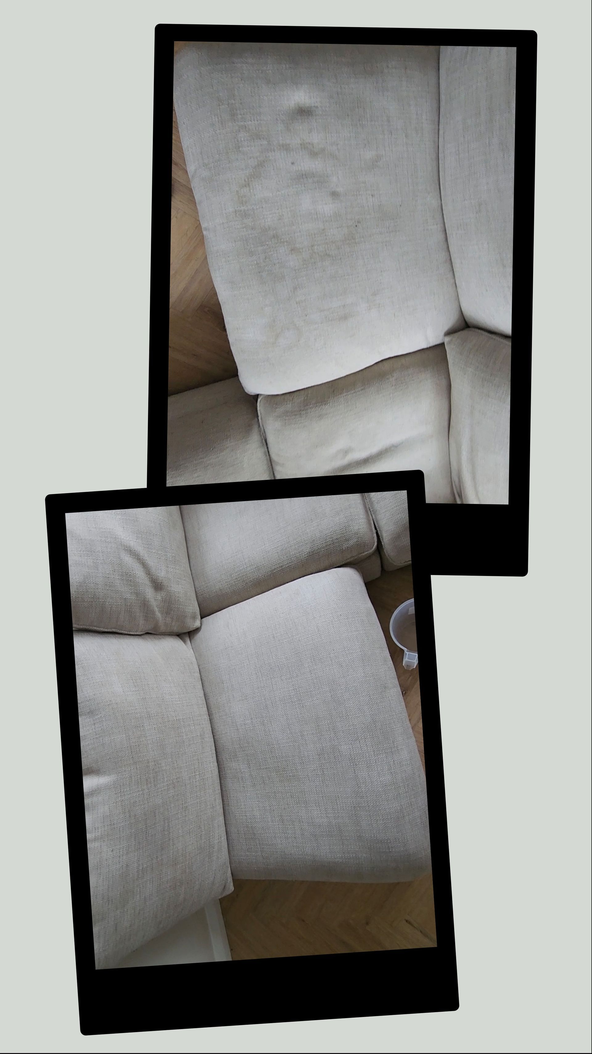 Two overlapping polaroid-style photos showing close-up views of a light-colored, textured couch.