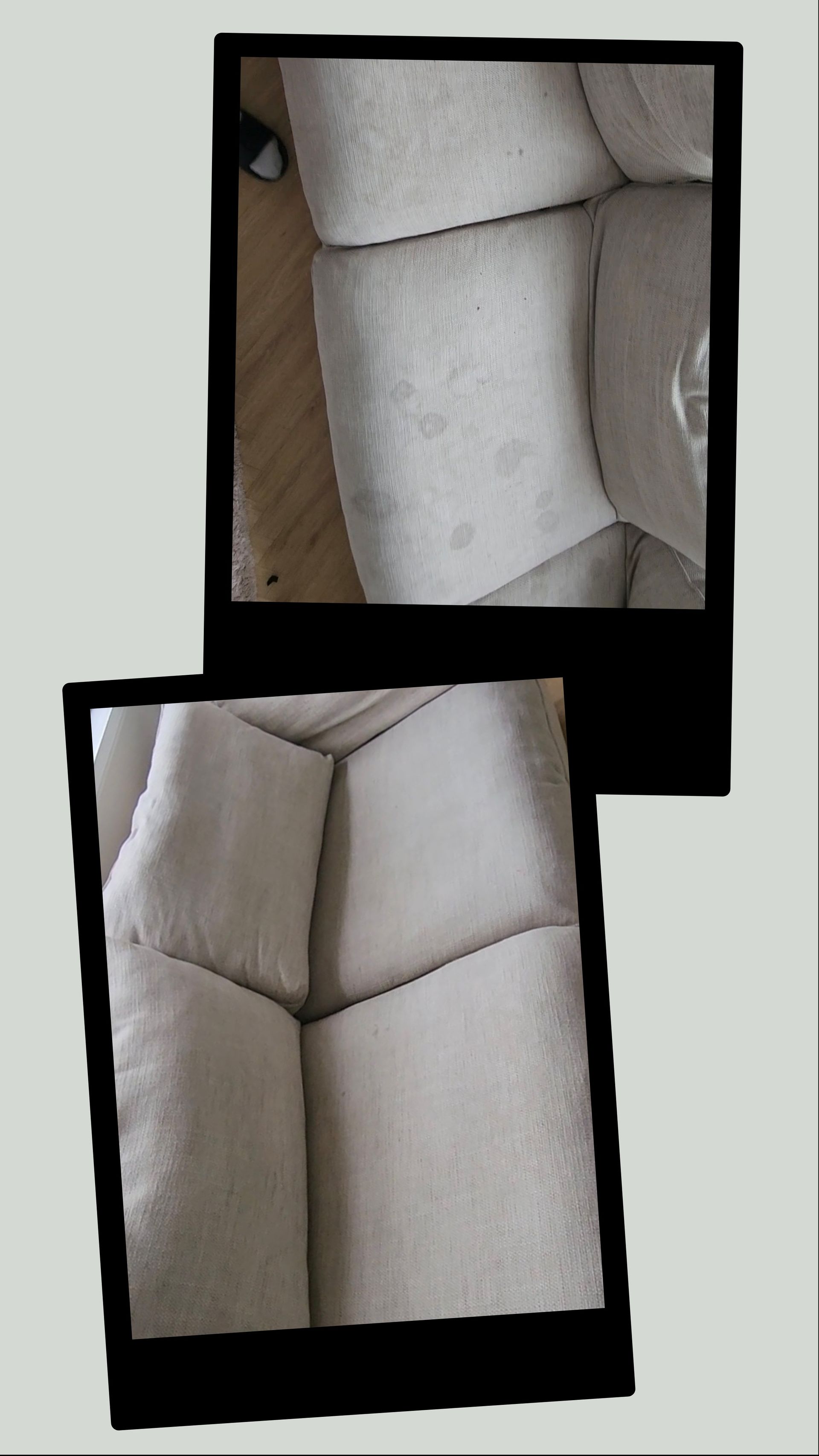 Two overlapping Polaroid-style photos; one close-up of a beige sofa's cushion, the other showing sections of the sofa.