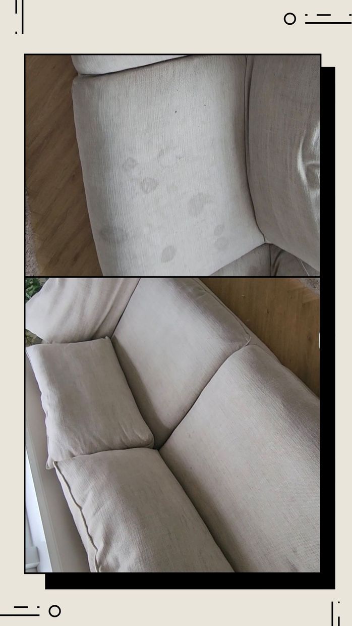 Beige sofa with visible stains on cushions.