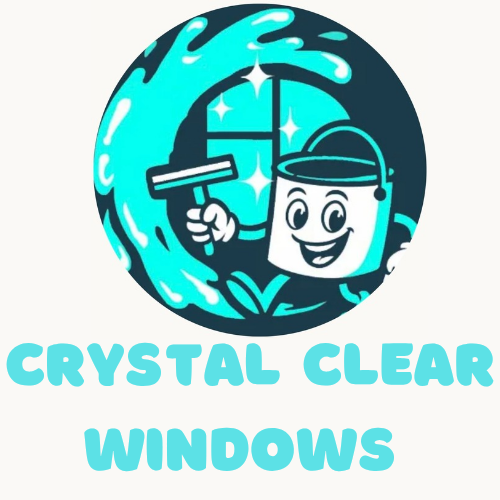 Crystal Clear Windows logo: Animated bucket cleaning a window with turquoise water splashes and text.