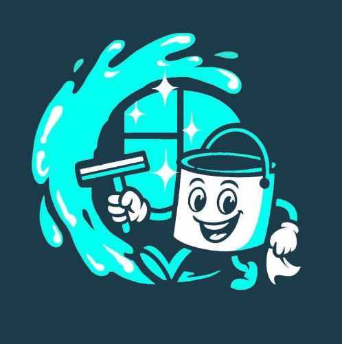 Cartoon cleaning mascot in a bucket hat scrubbing a window with a bright blue splash background