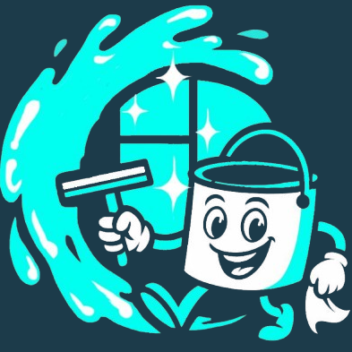 Logo: Cartoon bucket and squeegee cleaning window. Turquoise water splash.