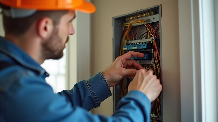 Worker in orange hard hat wiring an electrical panel indoors