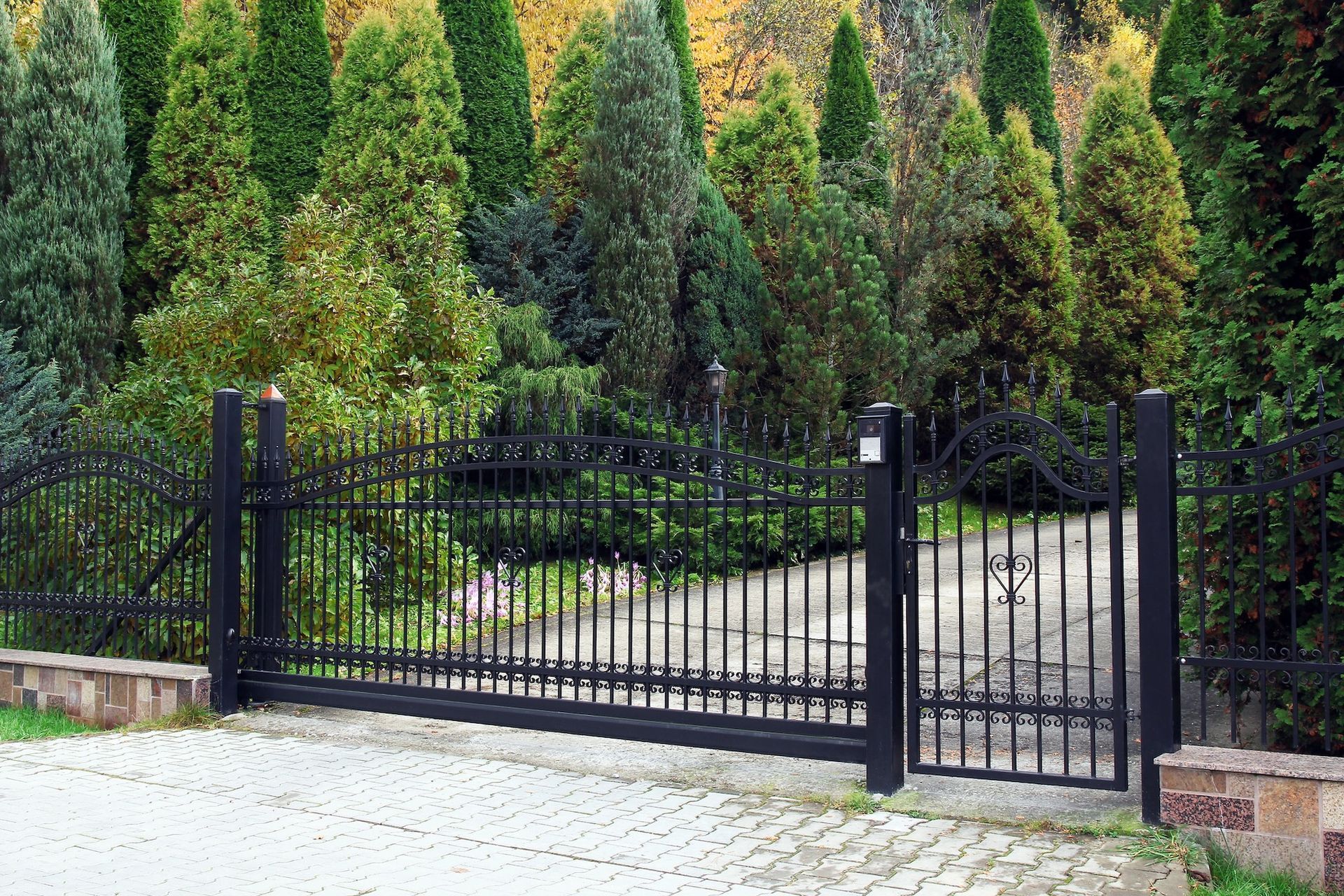 Black metal driveway gate in front of dense green hedges and trees